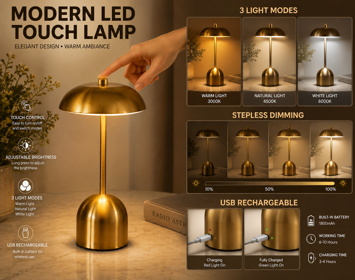 Cordless gold LED touch table lamp – photo 2