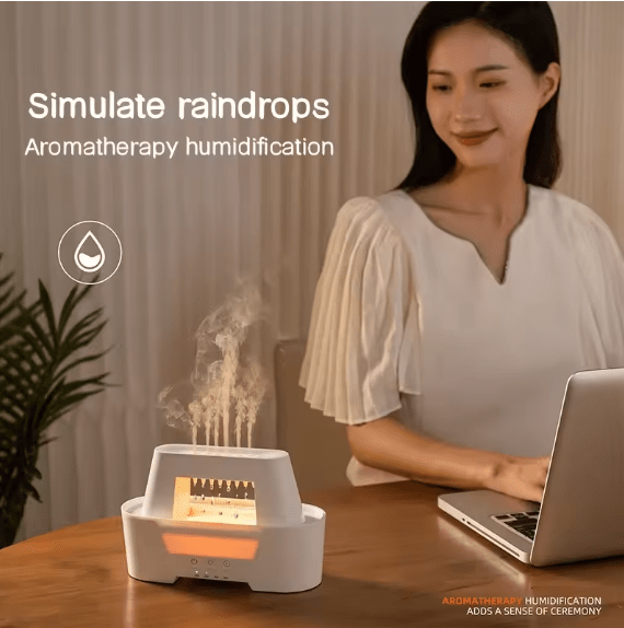 Woman working next to the raindrop mist diffuser