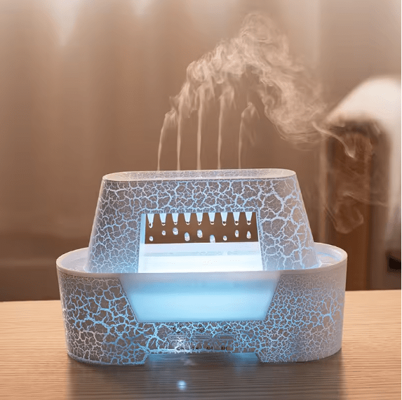 Raindrop humidifier with cool white light
