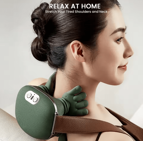 Shoulder and neck massager resting on the shoulders while relaxing at home